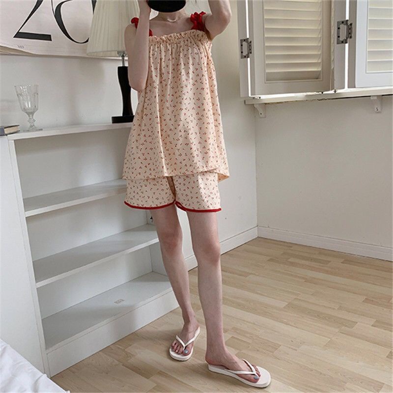 [Spot] red mesh print / explosive suit / cherry / sling / top / shorts / loose pajamas / women