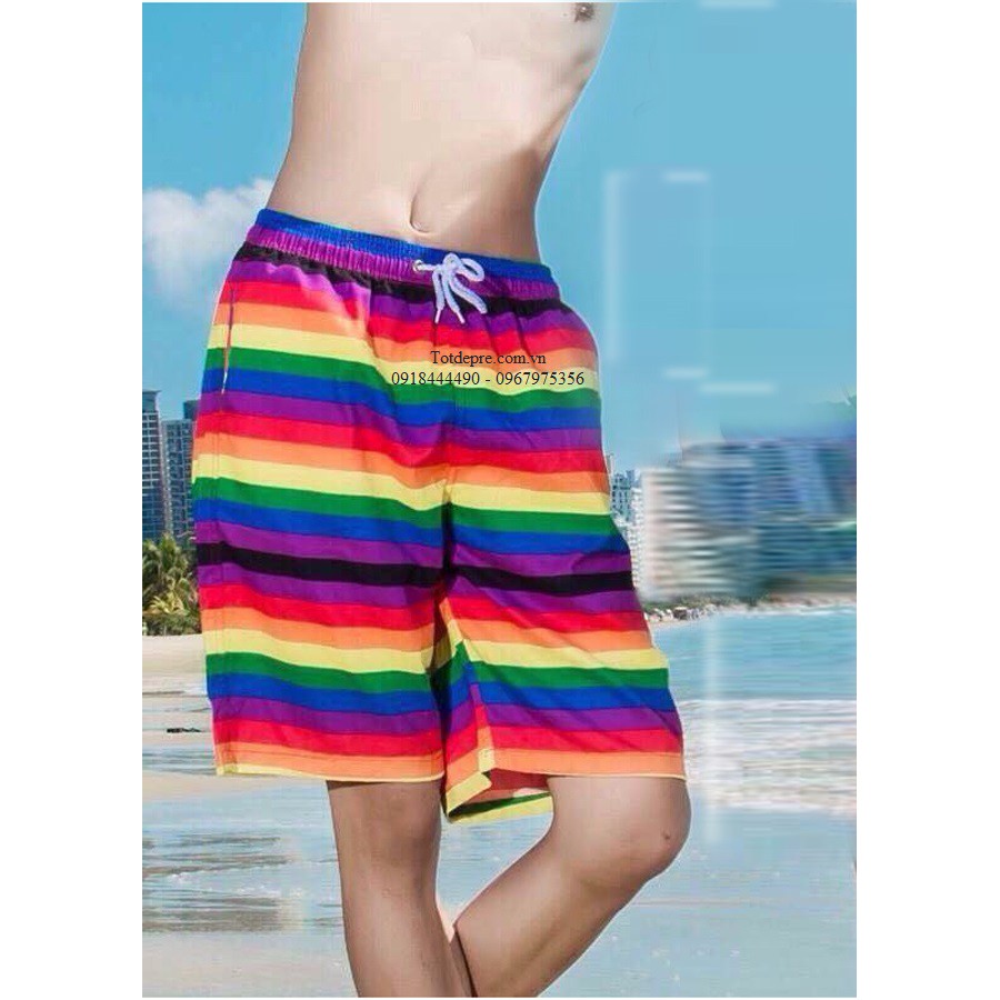 Quần đi biển động phục nhóm nam nữ họa tiết kẻ ngang nhiều màu