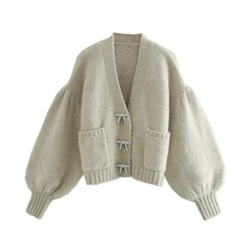 Áo khoác cardigan Pure Cube dệt kim tay phồng phối nơ đính kim cương nhân tạo phong cách thu đông dành cho nữ