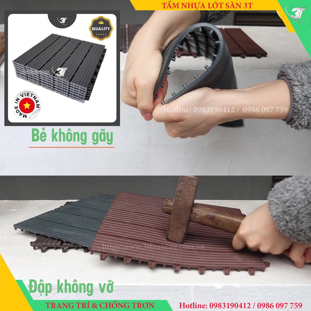 COMBO 11 Vỉ nhựa lót sàn giả gỗ 3T trang trí ban công, chống trơn trượt nhà tắm (Loại 3T-ECO - Hàng Việt Nam Xuất Khẩu)