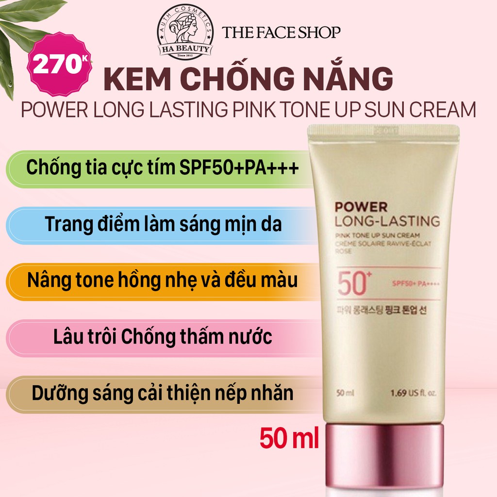 Kem Chống Nắng Nâng Tông The Face Shop Power Long Lasting PINK TONE UP SUN CREAM SPF50+PA+++ 50ml
