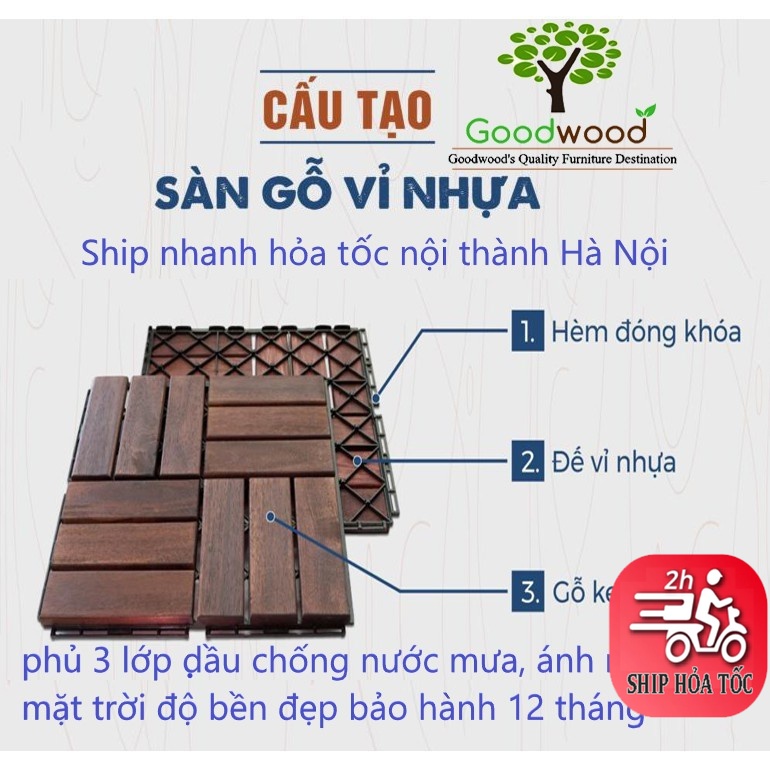 Sàn gỗ lót nền ban công 30x30x2cm phòng khách, Lót sàn nhà tắm, sân vườn, chống nóng sân thượng