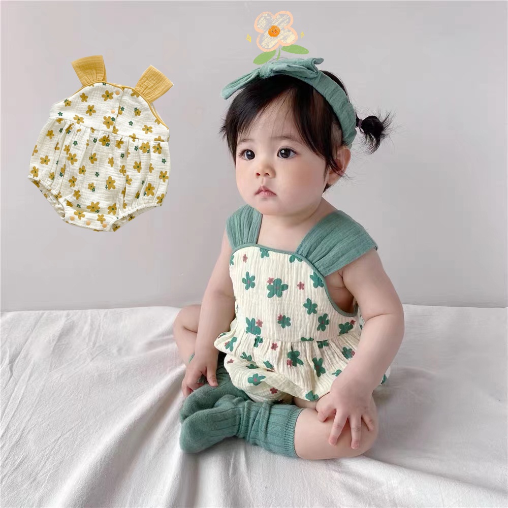 Áo Liền Quần Hai Dây Họa Tiết Hoa Nhỏ Xinh Xắn 2 Màu Sắc Lựa Chọn Cho Bé Gái 0-3 Tuổi