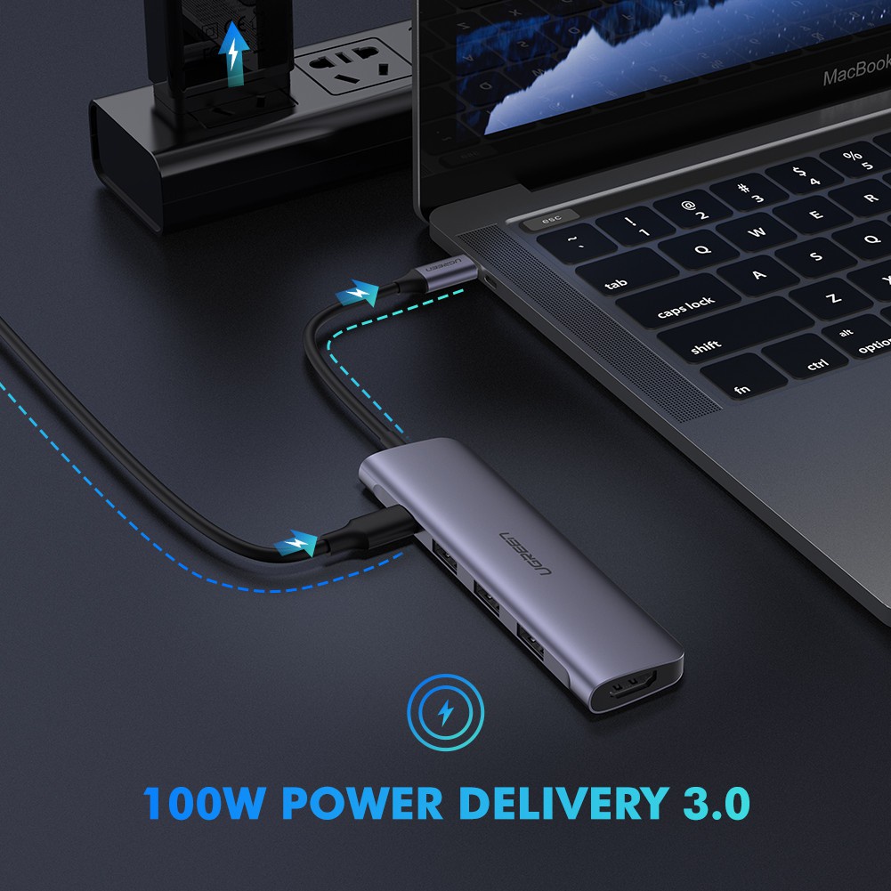 Cáp Chuyển Hub Ugreen 5 In 1 USB Type C Sang HDMI + USB 3.0*3 + PD Ugreen 50209 Chính Hãng Việt Nam