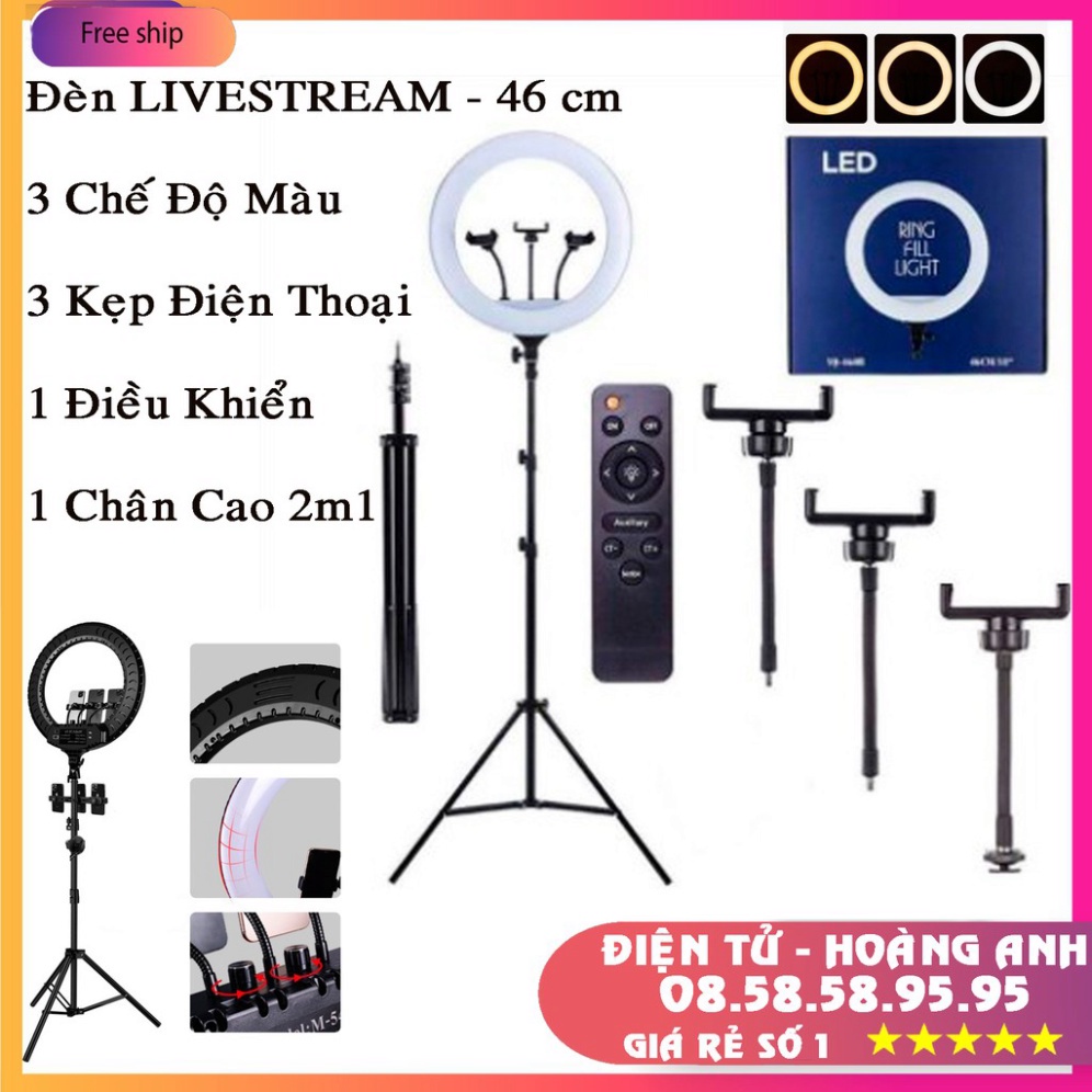 Đèn Livestream size 46 cm + chân 2m1+điều khiển+3 kẹp điện thoại, hỗ trợ chụp ảnh make up trang điểm nhiều chế độ sáng