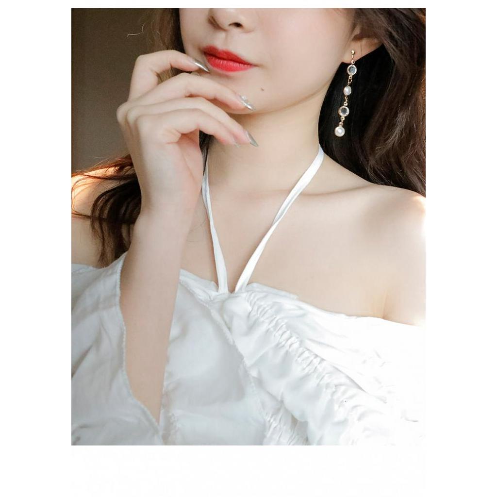 Khuyên tai dáng dài gắn ngọc trai giả trong suốt thời trang thanh lịch cho nữ