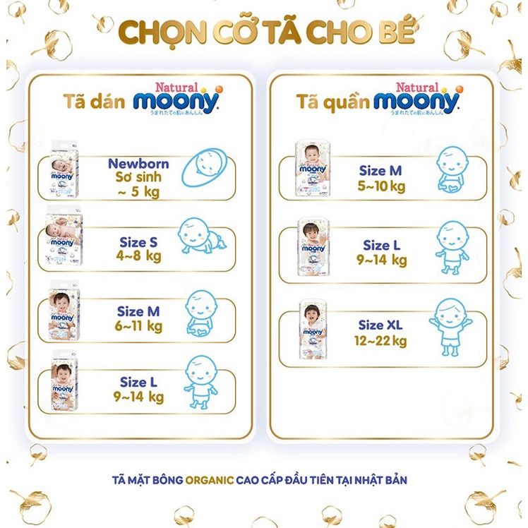 Tã/Bỉm Moony Natural nội địa Nhật Bông Organic dán/quần NB63/S58/M46/L38/L36/XL32