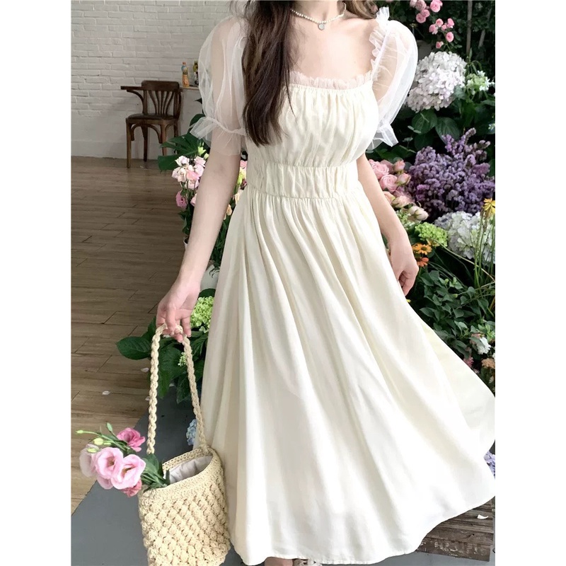 Váy đầm tiểu thư trắng be bo ngực tay lưới ngắn dáng dài ngọt ngào phong cách Hàn Quốc