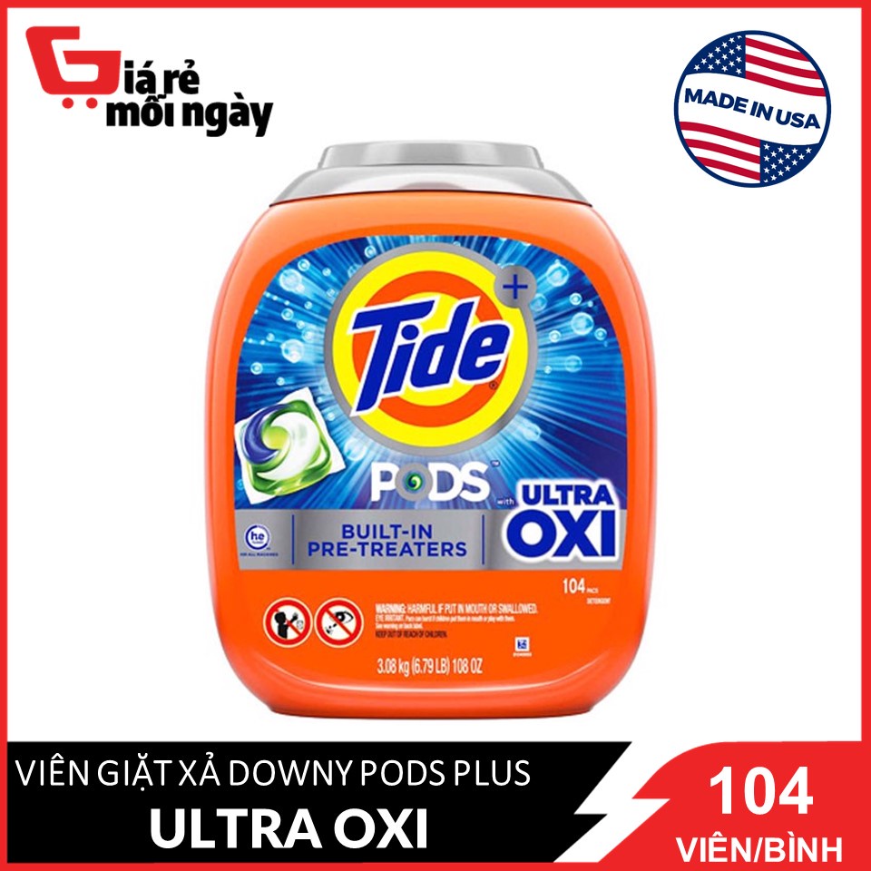 [Made in USA] Viên giặt xả Tide Pods Plus Ultra Oxi hộp 104 viên (Bình)