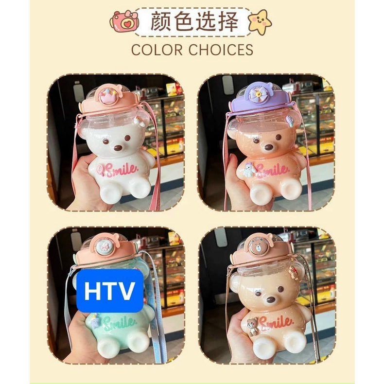 Bình đựng nước 1000ml hình gấu ngộ nghĩnh, có ống hút, dây đeo tiện dụng