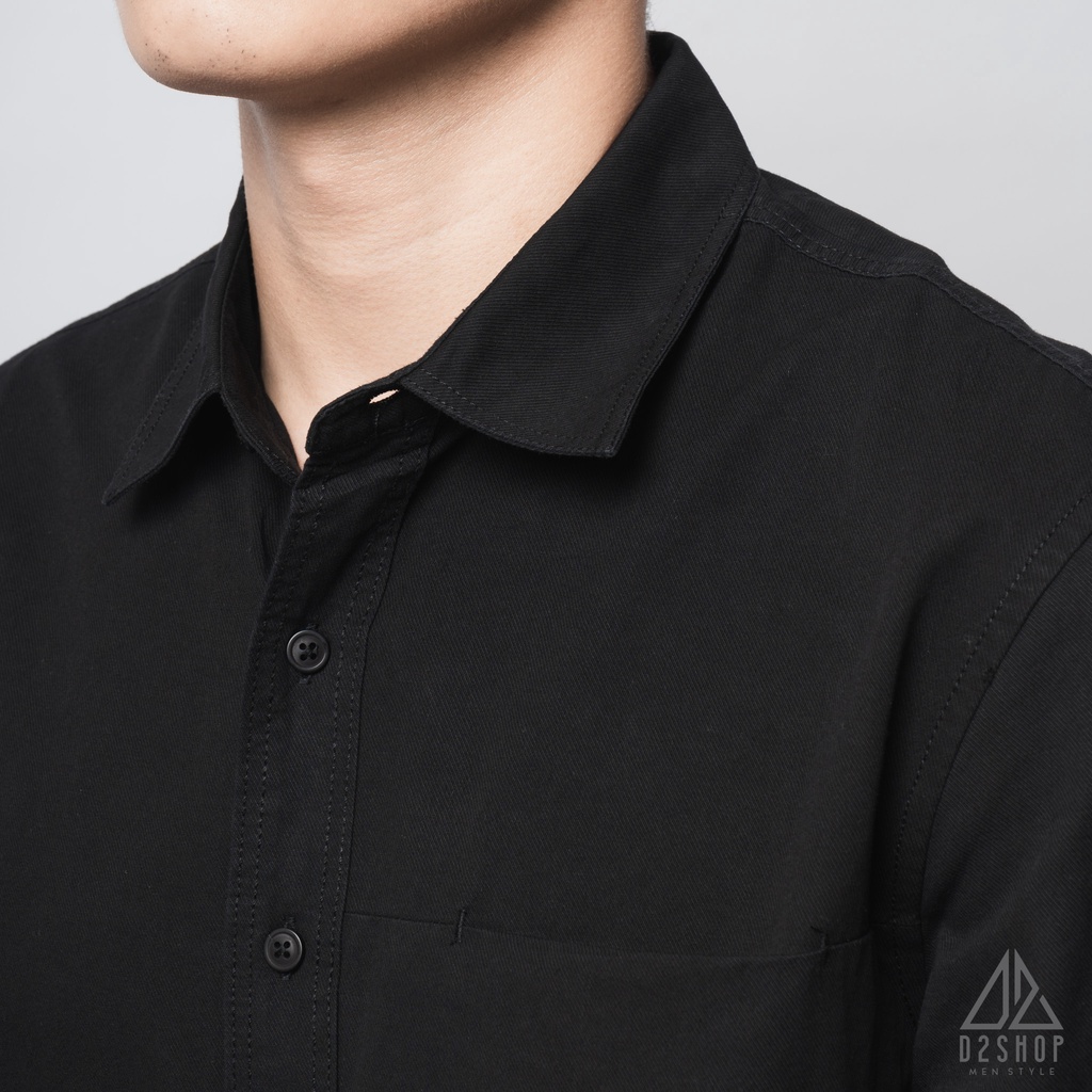 Áo sơ mi nam D2shop, áo sơ mi dài tay nam, vải xéo, túi mổ, màu đen
