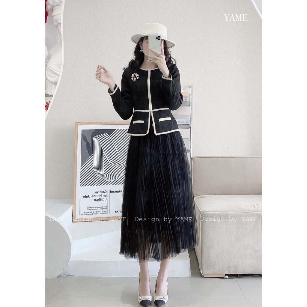 Set áo vest dạ chiết eo chân váy ren xoè nhiều lớp màu nâu be, đen, đỏ Kaylin YAME