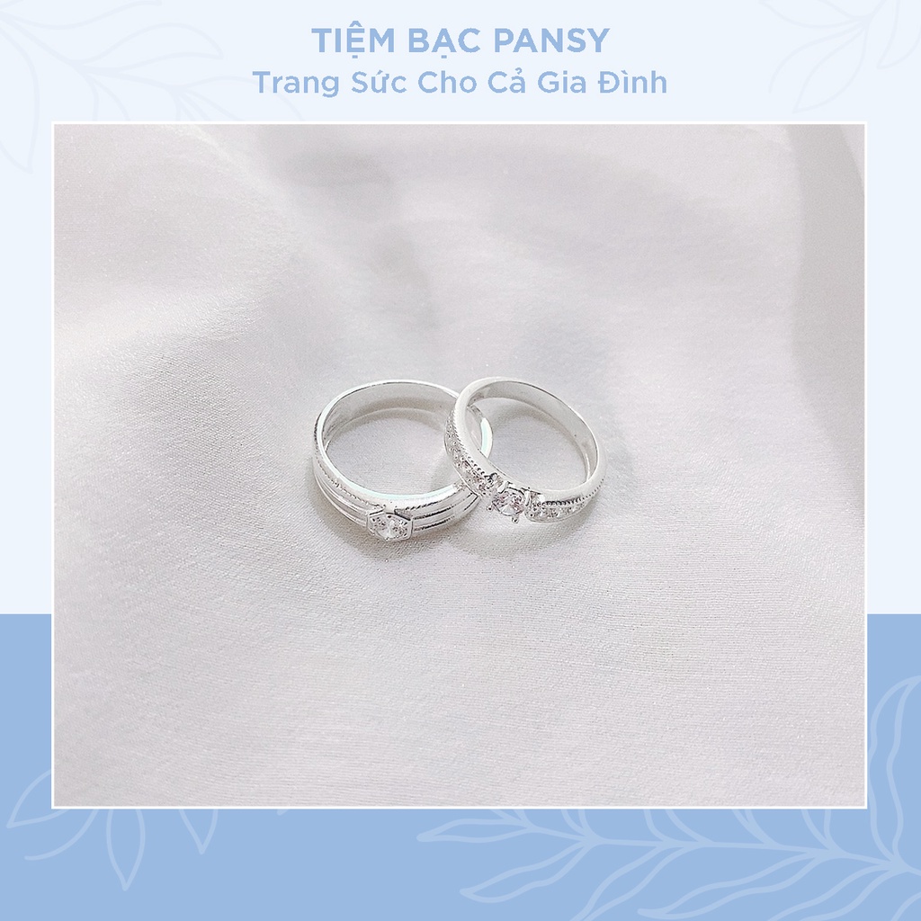 Nhẫn đôi bạc nam nữ PANSY khắc tên miễn phí, nhẫn cặp bạc nạm đá lấp lánh