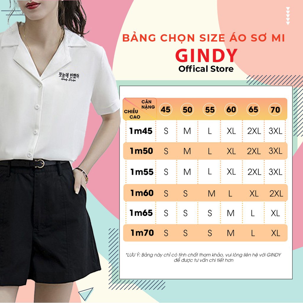 Áo sơ mi nữ tay ngắn GINDY cổ vest thêu chữ dáng basic trơn thời trang sơmi công sở, sơmi học sinh  A10103