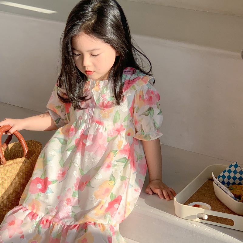 Đầm Tay Ngắn Họa Tiết Tranh Sơn Dầu Thời Trang Mùa Hè Dành Cho Bé Gái