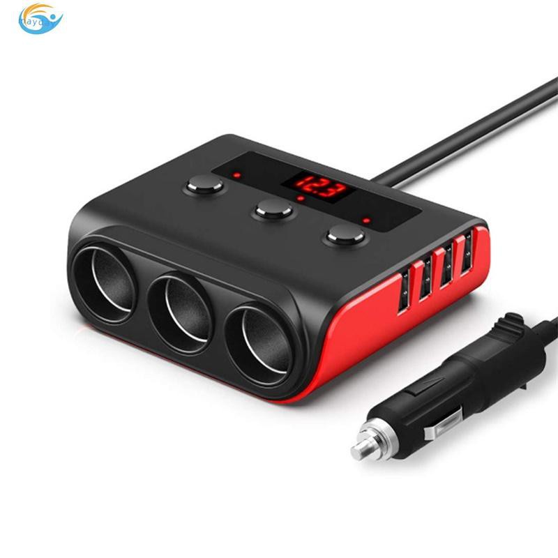 Featured Car Charger 3 Socket Cigarette Lighter Splitter 4 USB Ports Cooling Hole Design With LED Digital Diaplay