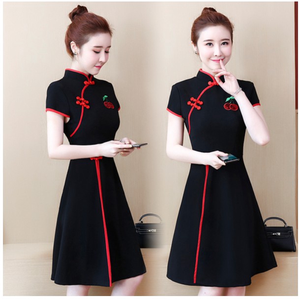 Plus Size Retro Embroidery Qipao Cheongsam Summer Elegant Slim Black Short Sleeve Tunic Midi Dinner Party Prom Dresses