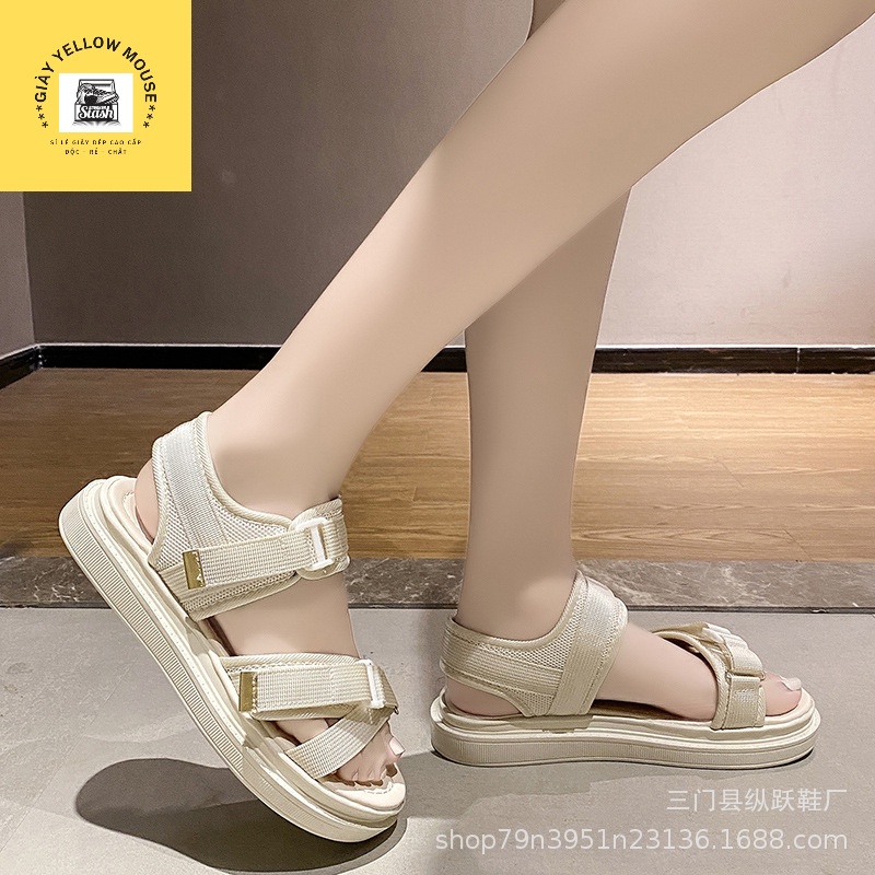 Giày sandal nữ RUV dép quai hậu đế may phong cách ulzzang quai dán chéo màu đen/kem