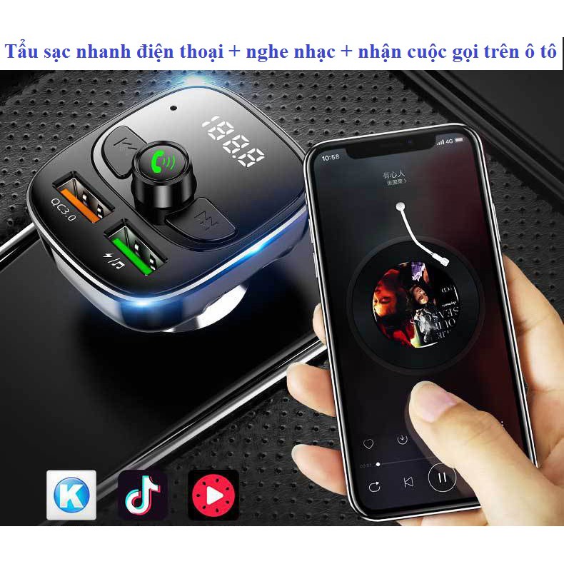 Tẩu Sạc nhanh 3.0 Nghe nhạc Bluetooth 5.0 Cho Xe Hơi,ô tô