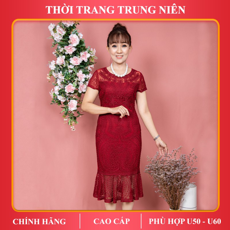 Đầm trung niên iDiva D12-74 dáng ôm tay lỡ, chất liệu ren nổi 3D cao cấp phù hợp u50 dự tiệc sang trọng