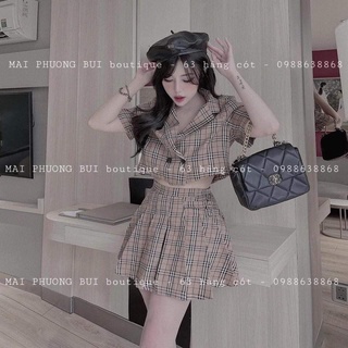 Set váy kẻ BBR cổ vest Chất thô kẻ QC bao sịn đẹp