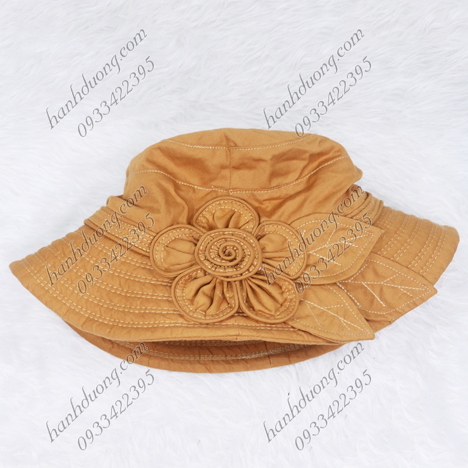 Mũ bo vành rộng 7cm nón tai bèo vành rộng gắn hoa và lá, vải cotton cao cấp của AT phù hợp cho nữ
