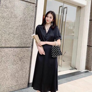 Đầm lụa cổ V phối cúc bọc B-A-M STORE (hàng may đẹp)