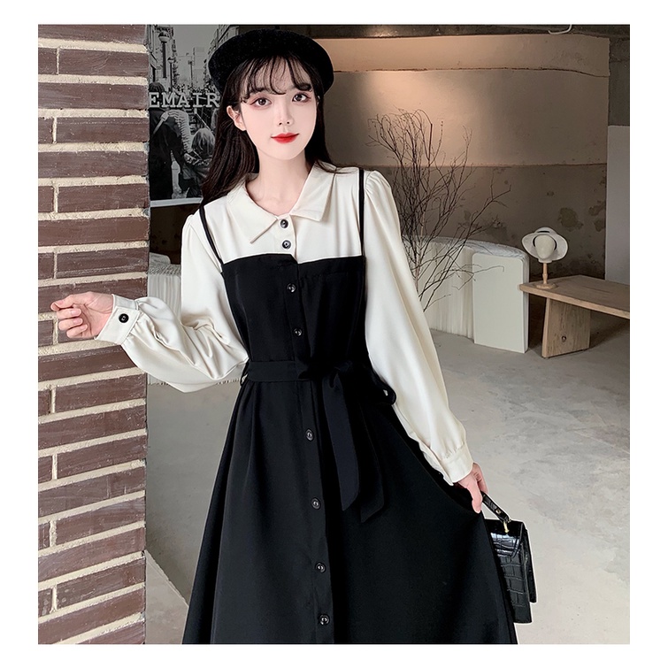 Đầm ZHELIHANGFEI giả hai lớp dài tay phong cách Pháp thanh lịch dành cho nữ