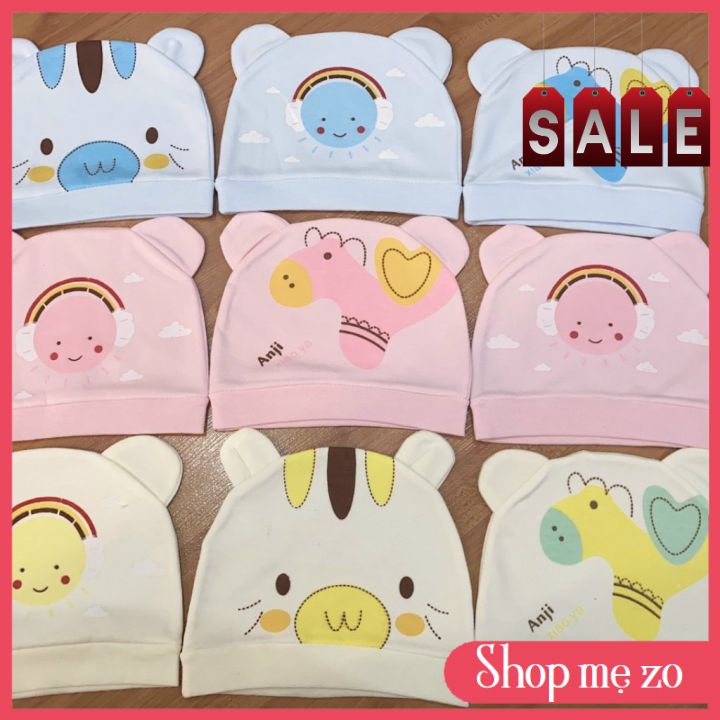 Set 2 Mũ Cotton Sơ Sinh Che Thóp Hoạ Tiết Xinh Xắn