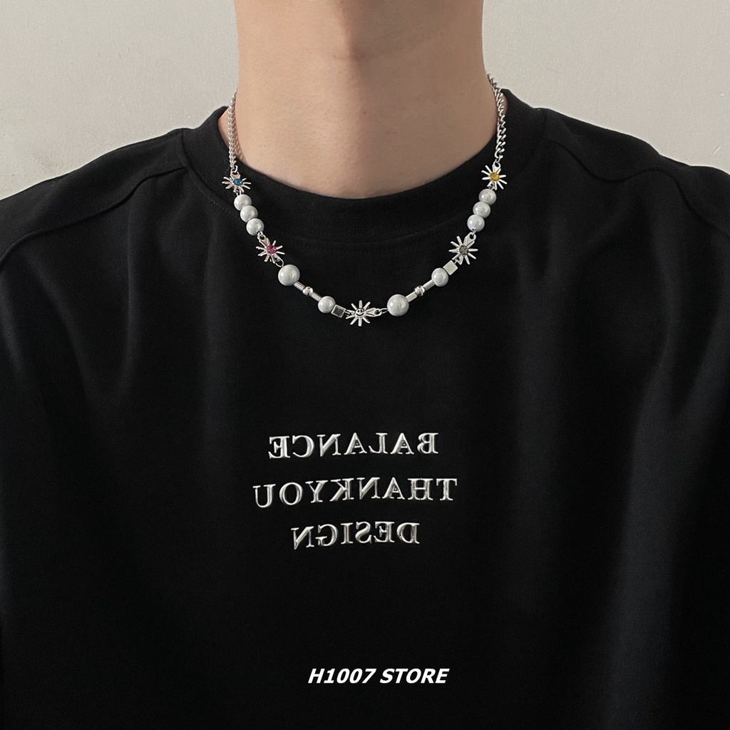 Vòng cổ Thép Titan Mặt Hình Hoa Hướng Dương Đính Ngọc Trai Phản Quang Phong Cách Hip Hop