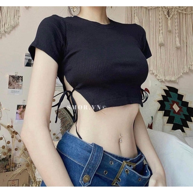 Áo croptop tay ngắn xẻ cột dây g7 xinh đẹp
