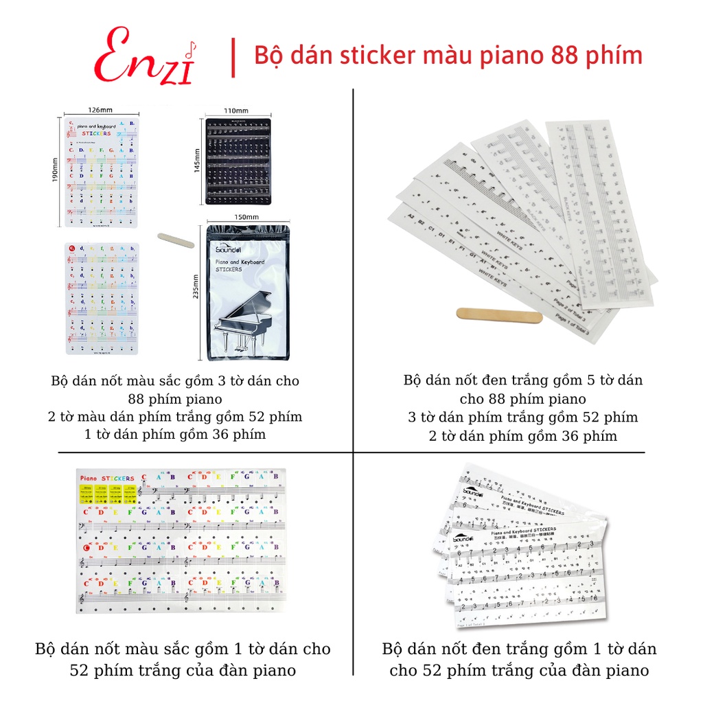 Sticker dán nốt bàn phím đàn piano organ dùng cho tất cả các phím đàn 88, 76, 61, 54, 36 phím Enzi