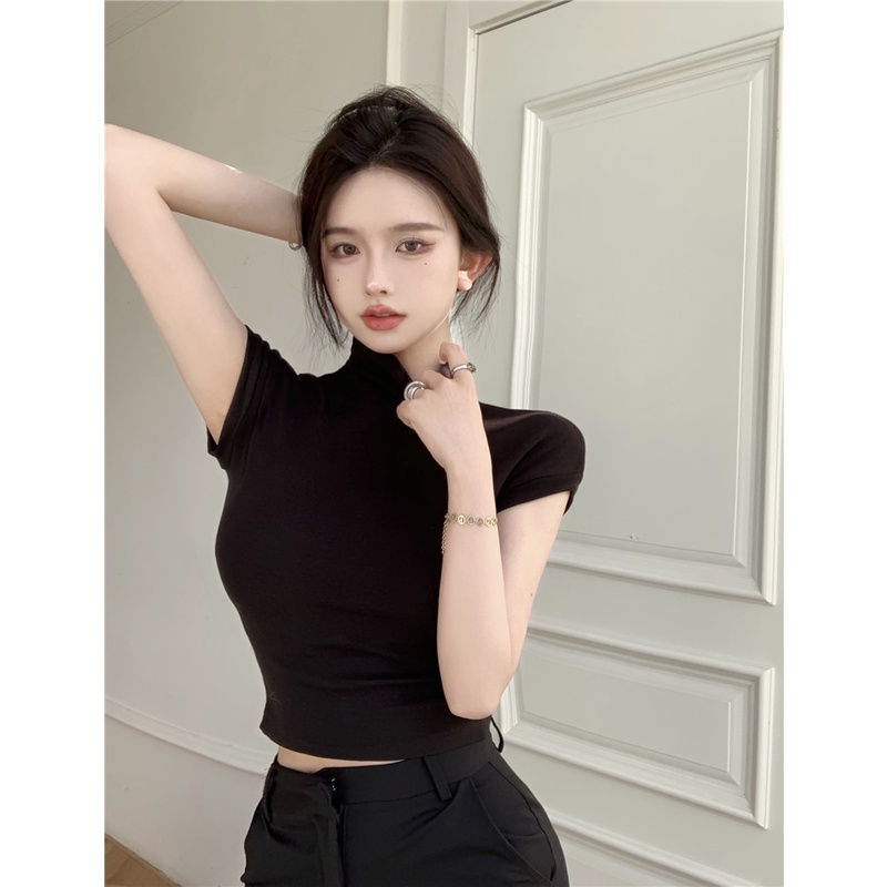 Áo Thun Tay Ngắn Cổ Lọ Dáng Ôm Phong Cách Hàn Quốc Thời Trang Cho Nữ