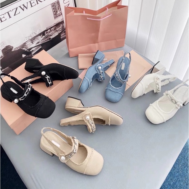 giày miumiu, sandal hở gót mẫu mới chuẩn hàng L1 hộp hồng. fullbox bill túi giấy