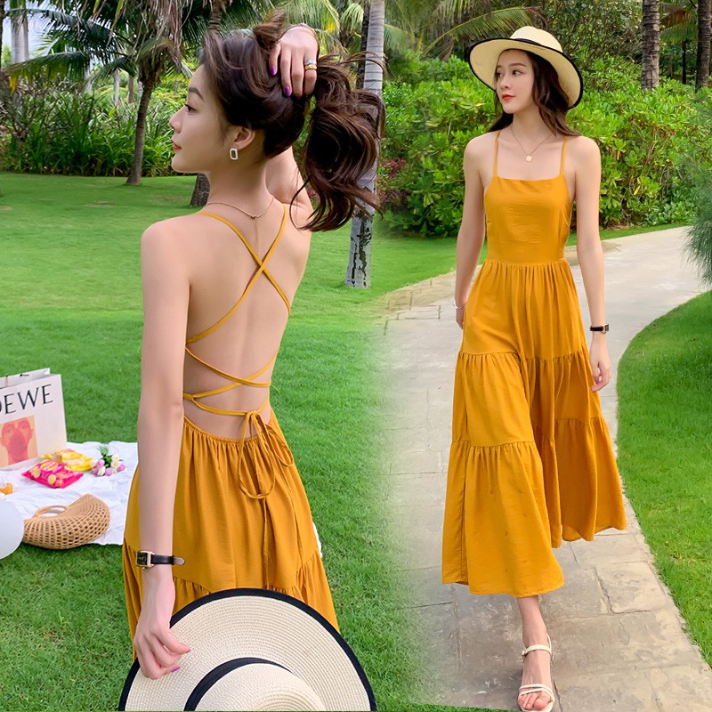 [Có Sẵn S, M] [Ảnh Thật] Váy Maxi vàng 2 dây đan lưng đi biển siêu hot | BigBuy360 - bigbuy360.vn