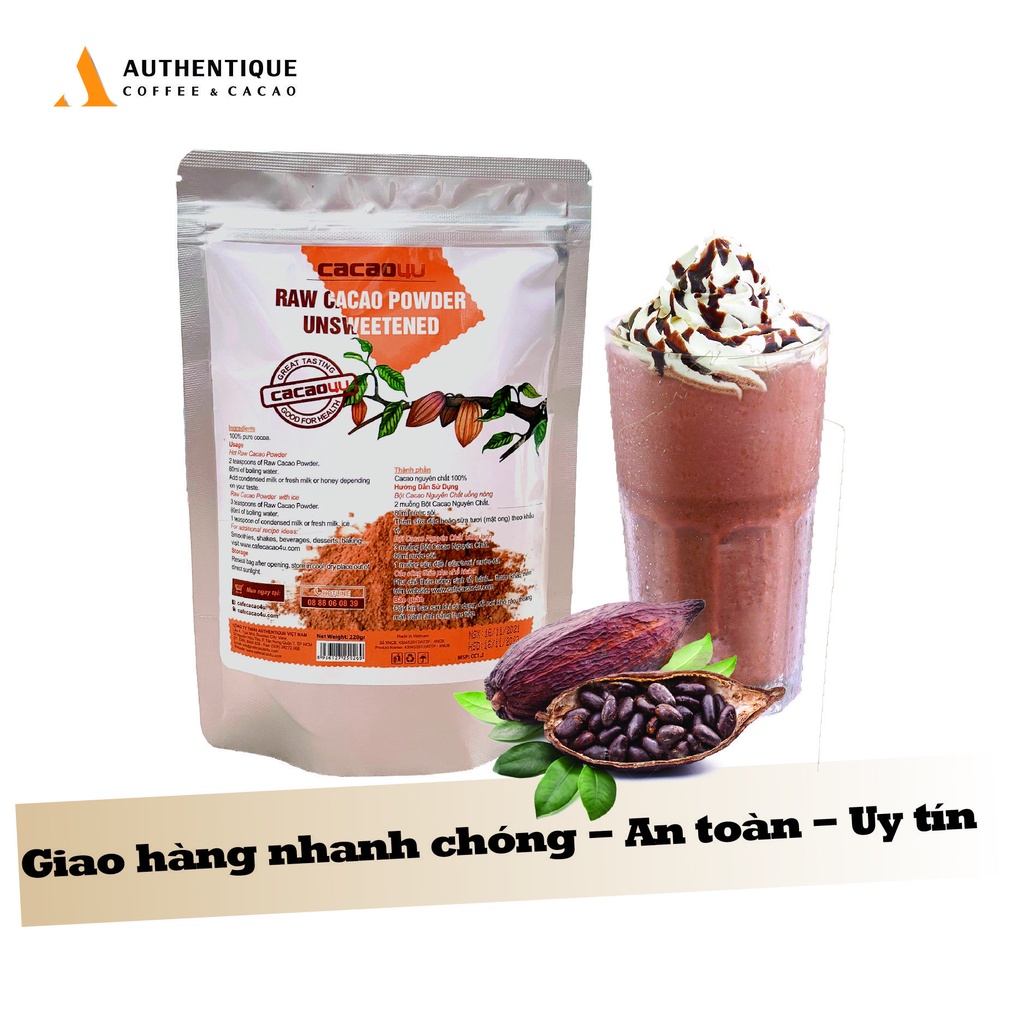 Bột CaCao Nguyên Chất Không Đường Túi 220gr - Tốt cho tim mạch | Authentique Cacao