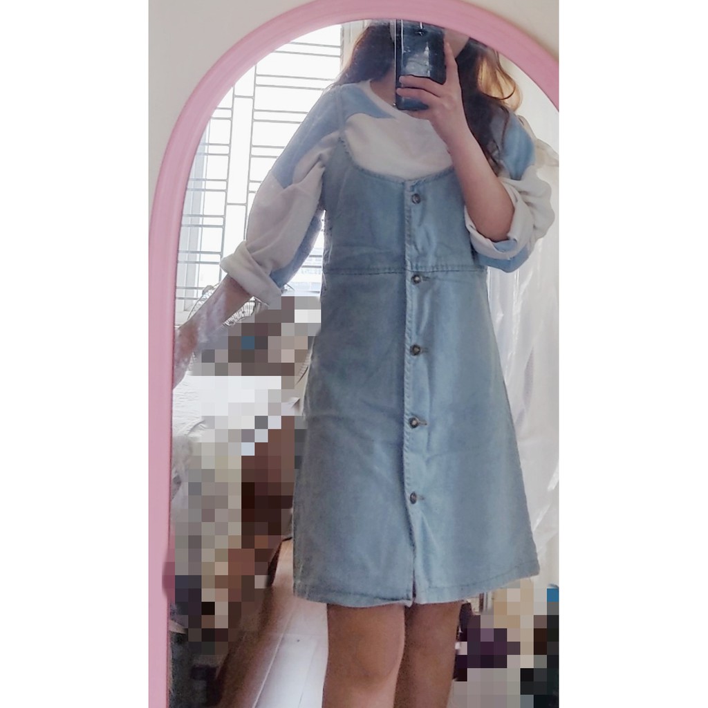 Váy đầm yếm jeans bò baby blue dây mảnh form rộng