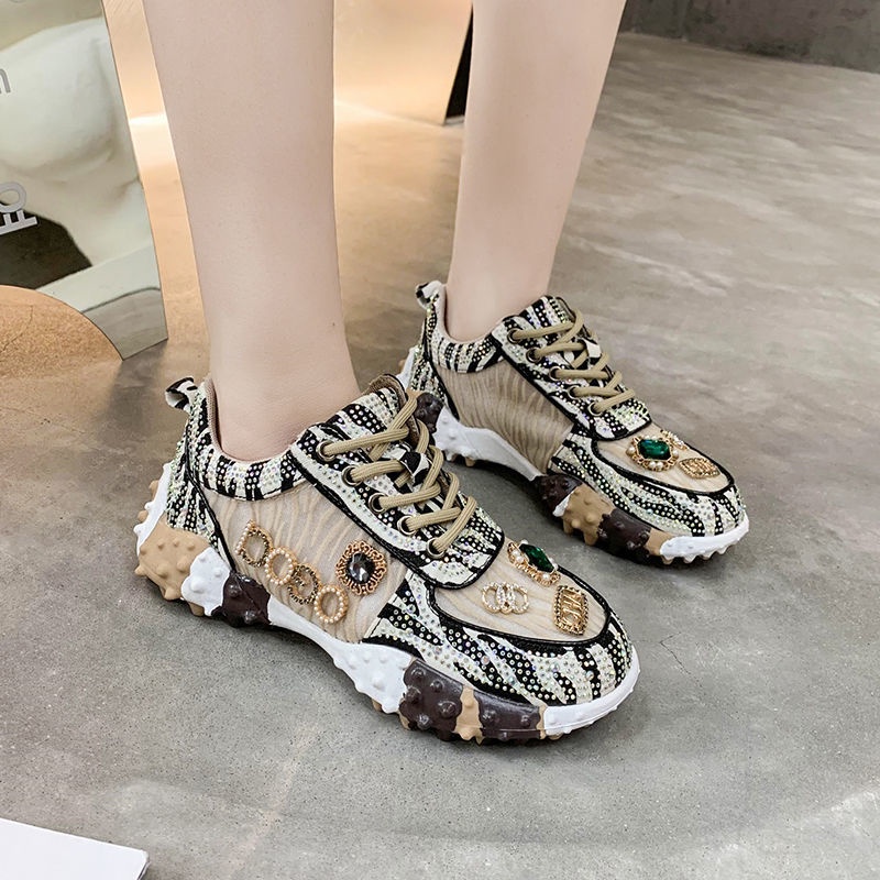 Oeggeo shop Giày Sneaker Cổ Thấp Đế Dày Đính Đá Cho Nữ