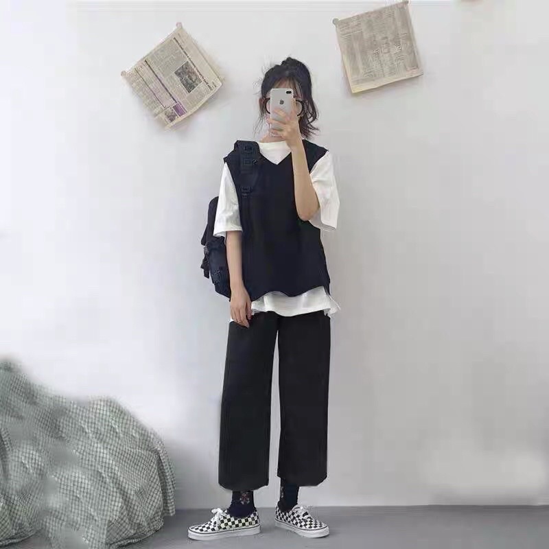 Set 3 món ao ghile + áo ngắn tay kèm quần ống rộng phong cách Hàn quốc