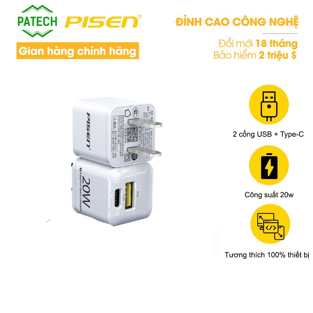 Sạc PISEN Quick Teeny QP 20W cho iPhone 13 Pro Max ( SK-PD20-02D) - 2 cổng - Hàng chính hãng