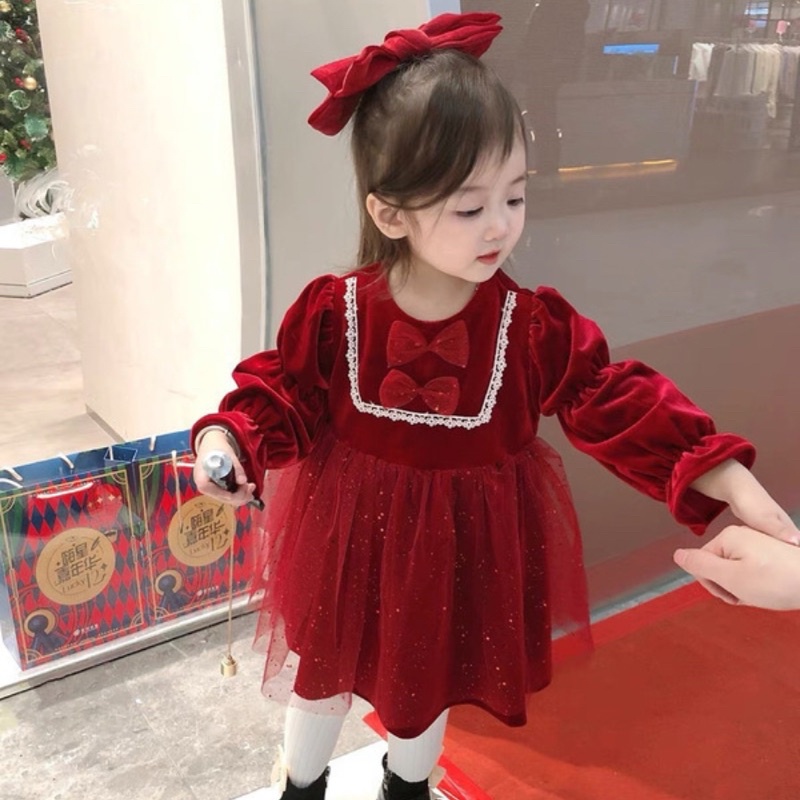 [Váy Noel, Tết] Váy nhung đỏ phối von phồng kèm nơ tóc công chúa cho bé gái (8-22kg)