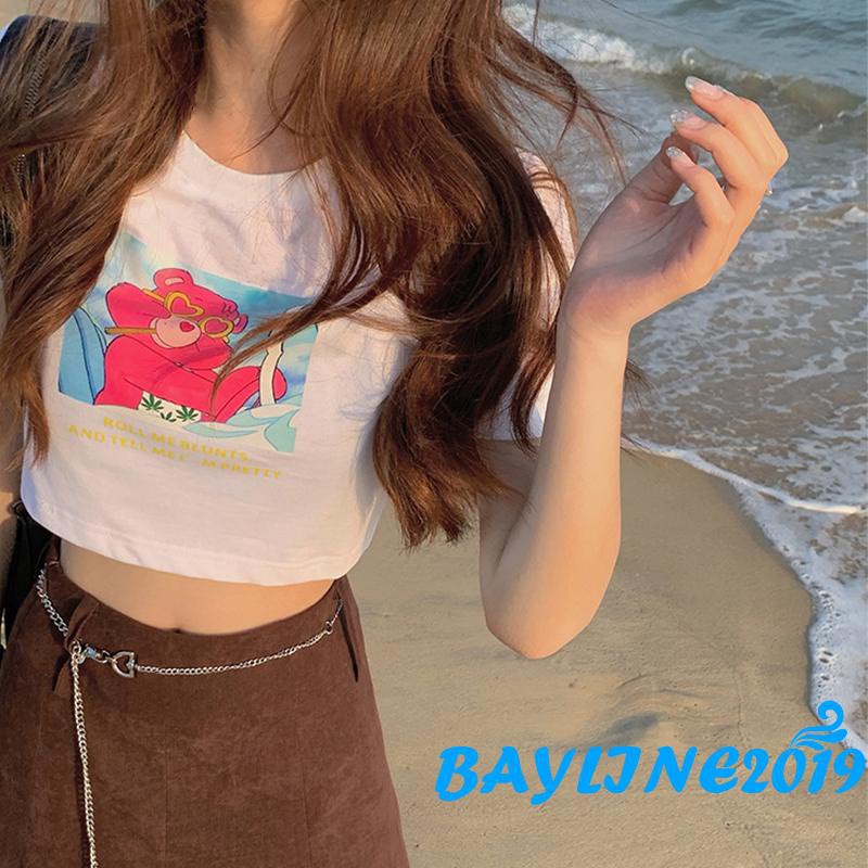 Áo Thun Croptop Tay Ngắn Cổ Tròn In Hình Gấu Hoạt Hình Thời Trang Mùa Hè Cho Nữ | BigBuy360 - bigbuy360.vn