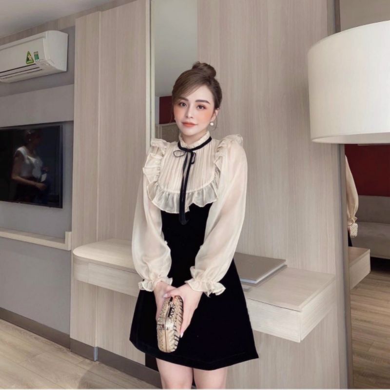 Đầm tay dài phối có  dây thắt nơ cổ #