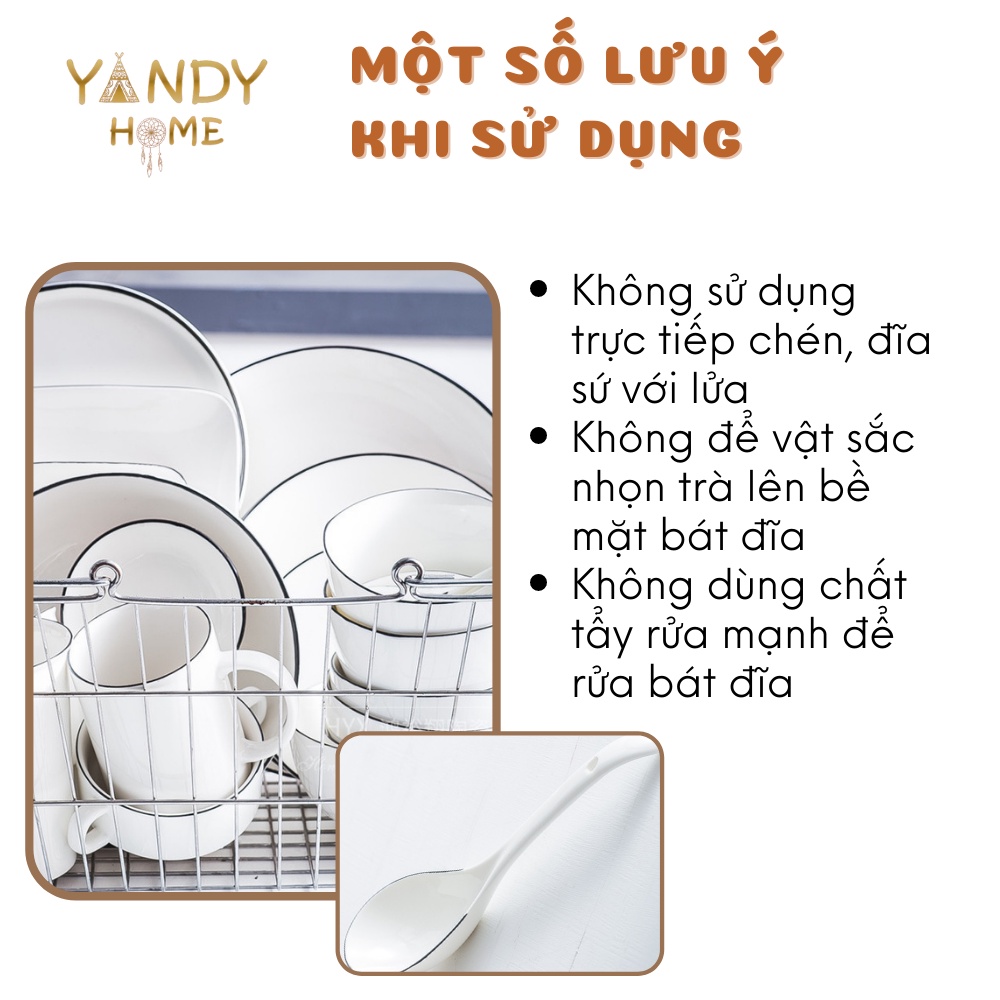 Bát đĩa gốm sứ YANDY HOME BB07 men trắng bóng viền đen trang sọng