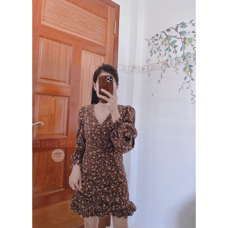 Váy rúm hoa nâu + Ảnh thật