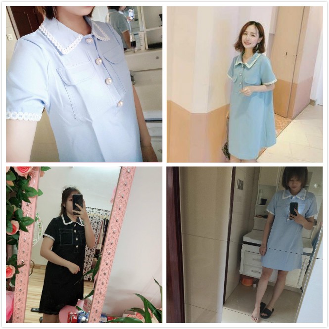 Đầm midi ngắn tay phối nút ngọc trai thời trang mùa hè cho nữ