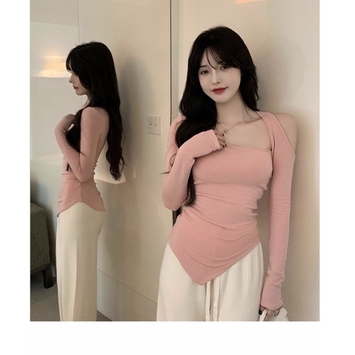 Áo thun tay dài hở vai 1 quai áo đan chéo