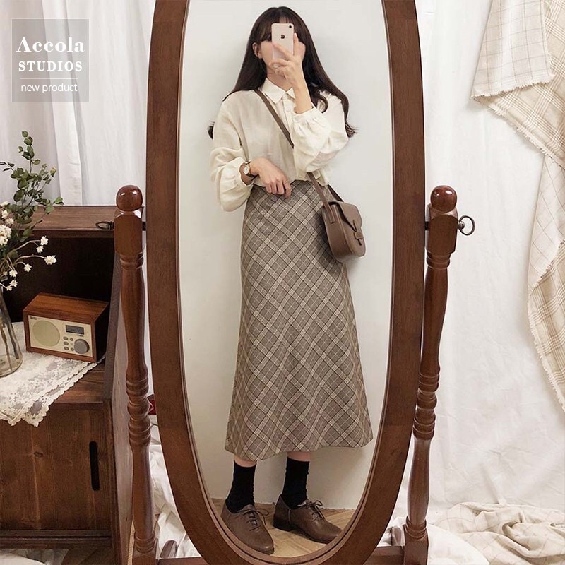 Chân váy moran kẻ sọc caro cạp cao xoè dài nhẹ nhàng vintage kiểu Pháp