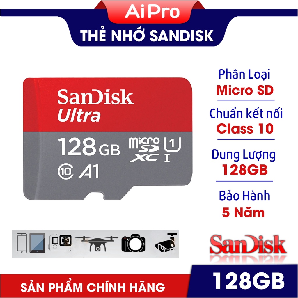 Thẻ Nhớ MicroSD SanDisk Ultra 128GB -  Hàng nhập khẩu - Bảo Hành 5 năm