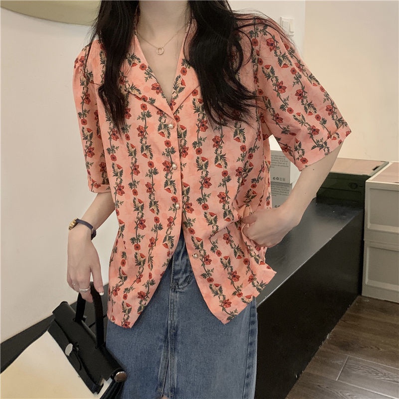 Áo Sơ Mi Tay Ngắn Cổ Chữ V In Hình Hoa Hồng Phong Cách Retro Hàn Quốc